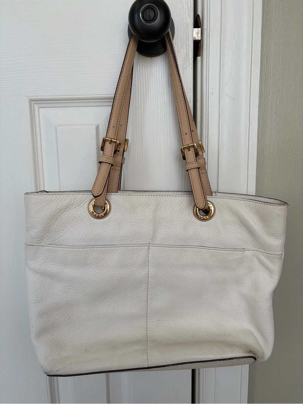 Michael Kors Cream Leather Tote with Tan Straps and Gold Hardware